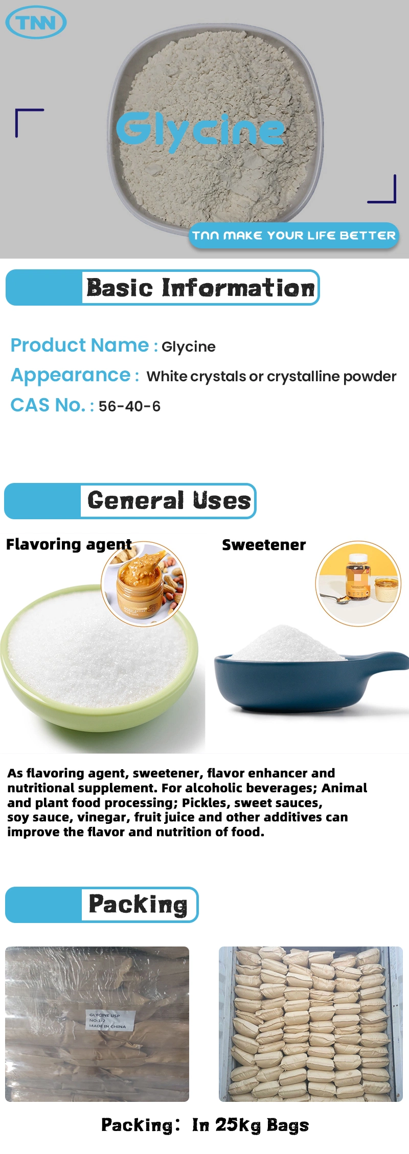 Feed Grade 99% Pure Sodium Preservatives White Powder Glycine